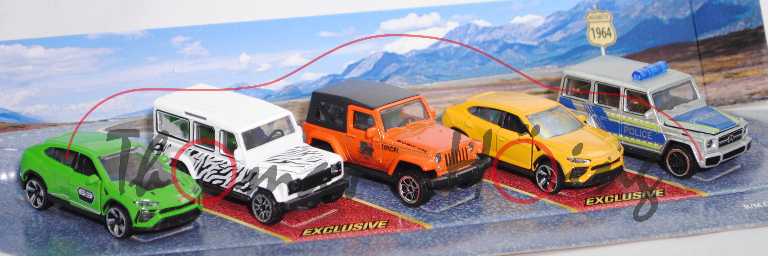 4x4 SUV CARS: 2x Lambo Urus+Land Rover Defender+Jeep Wrangler+Mercedes-AMG G 63, majorette, mb