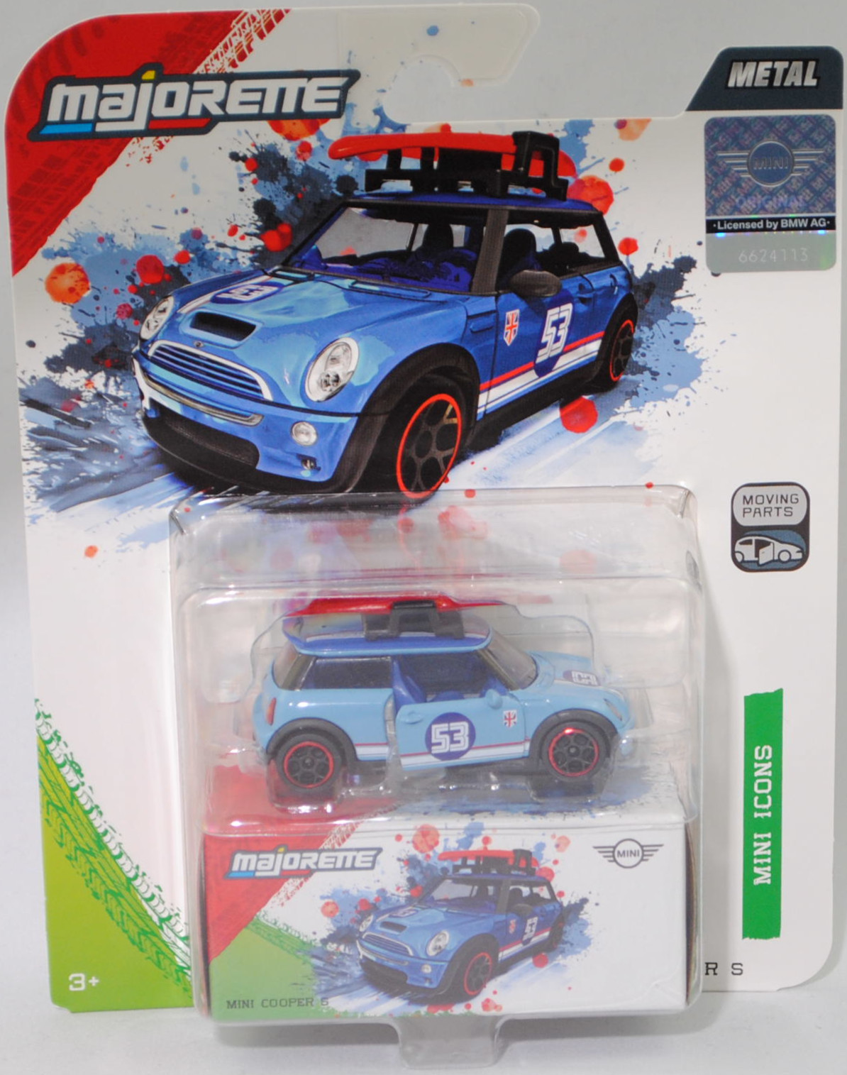 MINI Cooper S (R53, Vorfacelift, Modell 2002-2004) mit Dachgepäckträger und Ladegut (Nr. 265D), hell-pastellblau/ultramarinblau, majorette, 1:55, Blister (MINI ICONS DELUXE CARS)