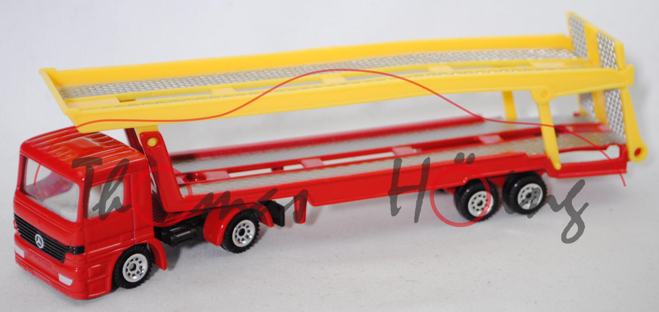 00001 Mercedes-Benz Actros M (MP1, Mod. 1996-2002) Autotransporter, rot/gelb, C1 chrom, SIKU, 1:84