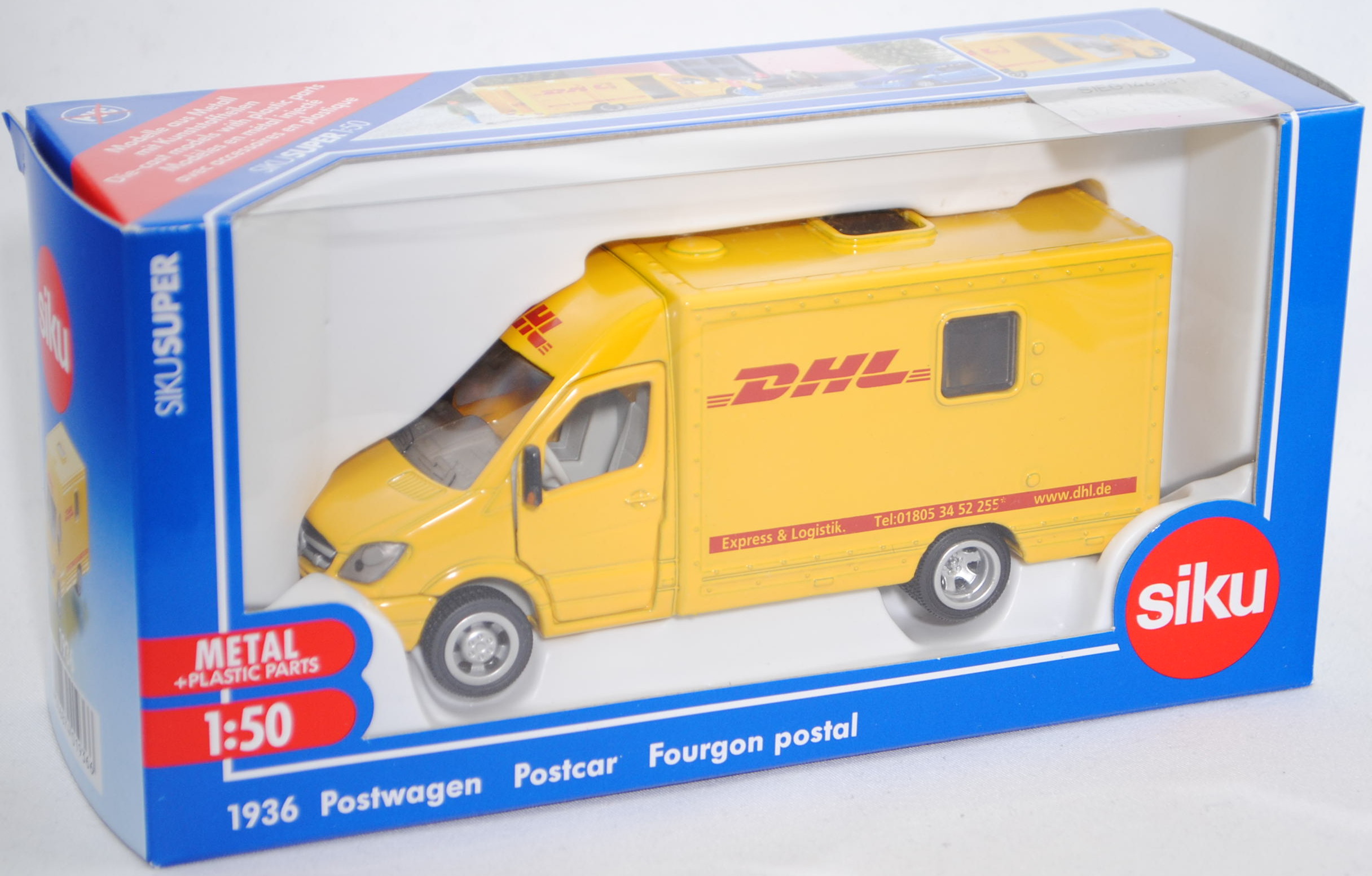 00000 Mercedes-Benz Sprinter II (2. Generation, W 906, Typ Standard, Vor-MoPf, Modell 2006-2009) Postwagen, verkehrsgelb, DHL, Bpr. 2108 / 1936, SIKU SUPER 1:50, L17mpK