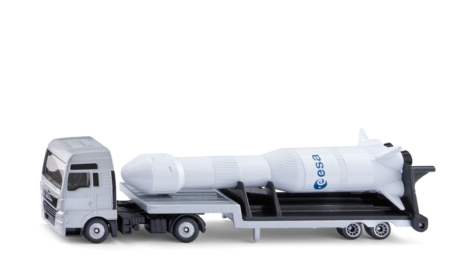 00000 MAN TGX 18.580 D38 XXL (Modell 2017-2019) Sattelzugmaschine und Sattelauflieger mit Rakete (Modell 22.01.1990 - 03.12.1999), silbergraumetallic, esa, SIKU SUPER 1:87, L17mpK