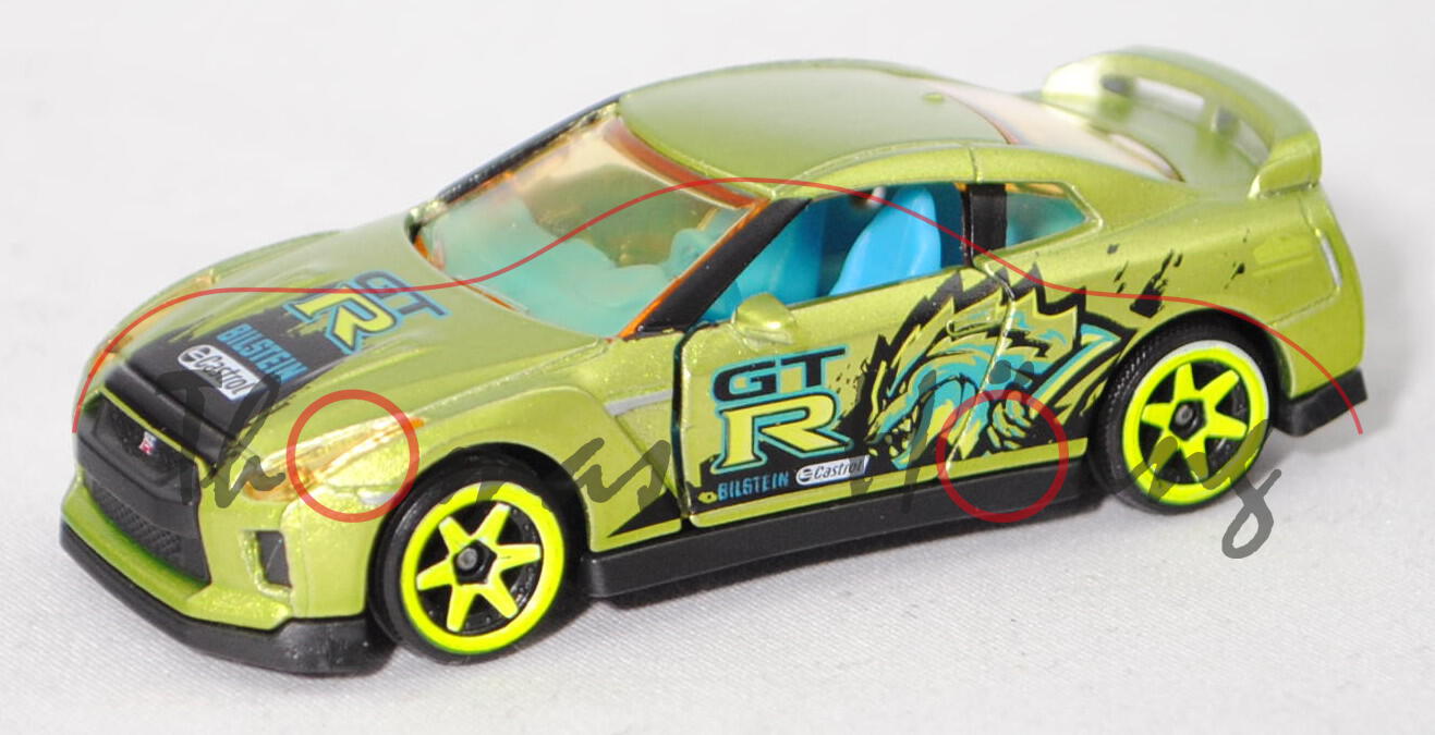 Nissan GT-R (Mod. 16-19) GREEN BEAST / URBAN, h.-gelbgrünmet., majorette, 1:62, SUPER RARE, mb