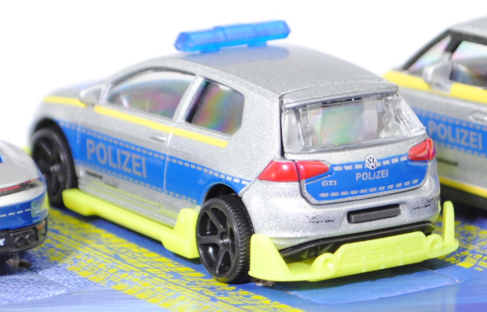 Giftpack POLIZEI Tune it Safe: VW ID. Buzz Pro + VW Golf VII GTI + Porsche 911 Carrera S Coupé + Audi R8 Coupé V10 + BMW M3 Limousine, silber, majorette, mb (POLIZEI)