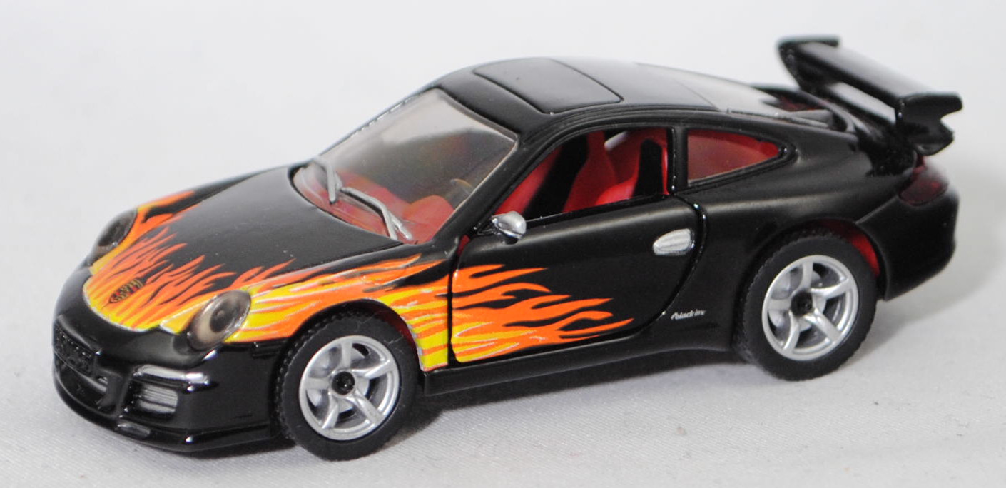 00401 Porsche 911 Carrera S (Typ 997.1 Coupé / 997 MK1 Coupé, Vorfacelift, Modell 2004-2008), schwarz, blackline / Flammendesign, SIKU SUPER, 1:55, m