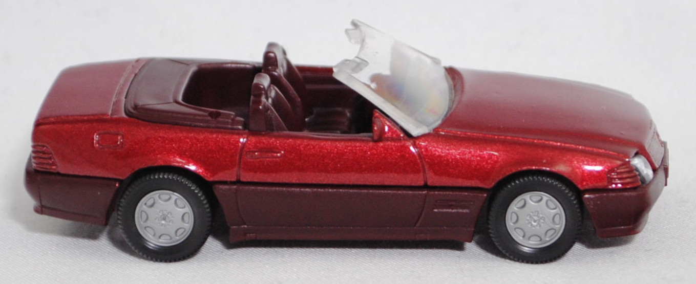 00000 Mercedes-Benz 500 SL (R 129, Modell 1989-1992), purpurrotmetallic, Stern im Kühlergrill und Scheibe seitlich unlackiert, Heckklappe ohne Stern, Germ, B7, SIKU, 1:55, m