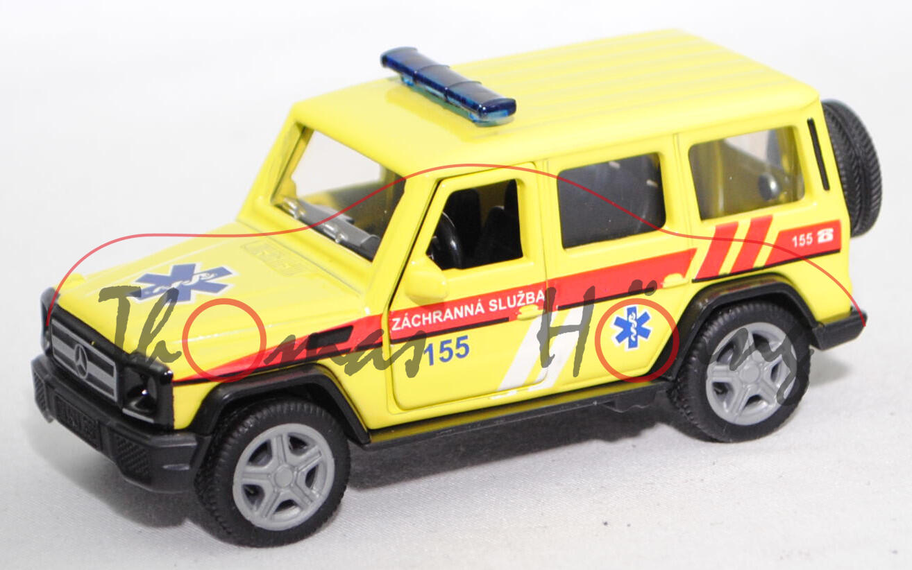 06101 CZ Mercedes-Benz G 65 AMG (W 463, Modell 2012-2015) Emergency Car, schwefelgelb, ZÁCHRANNÁ SLUZBA 155, SIKU, 1:50, L17mpK