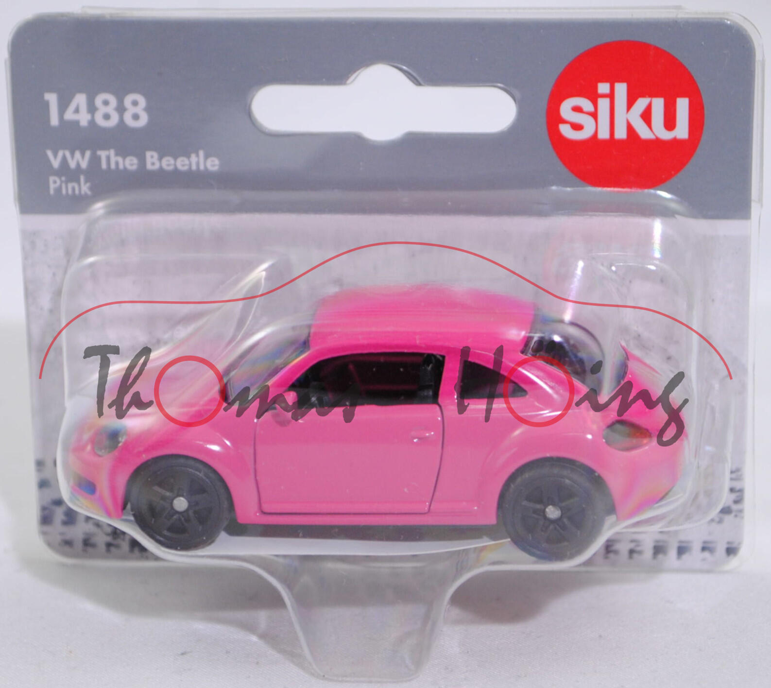 00000 VW The Beetle 1.2 TSI (2. Generation, 5C, Vorfacelift, Modell 2011-2014), dunkel-erikaviolett, Beilage: Aufkleberbogen mit Blumenmuster, SIKU SUPER, 1:55, P29f
