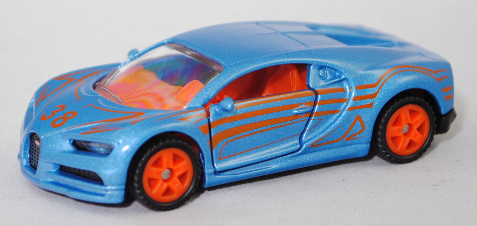 00002 Bugatti Chiron (1. Generation, BG744, Modell 2016-2024), lichtblaumetallic (vgl. electric-blue beim Original), innen hellrotorange, 38, SIKU SUPER, 1:57, P29f