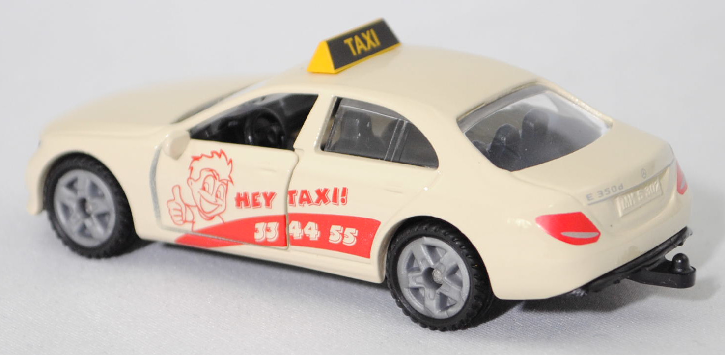 00001 Mercedes-Benz E 350 d (Baureihe W 213, Modell 2016-2017) Taxi, hellelfenbein, HEY TAXI! / 33 44 55, Nummernschild MK S 302, B47 silbergrau, SIKU SUPER, 1:61, P29f