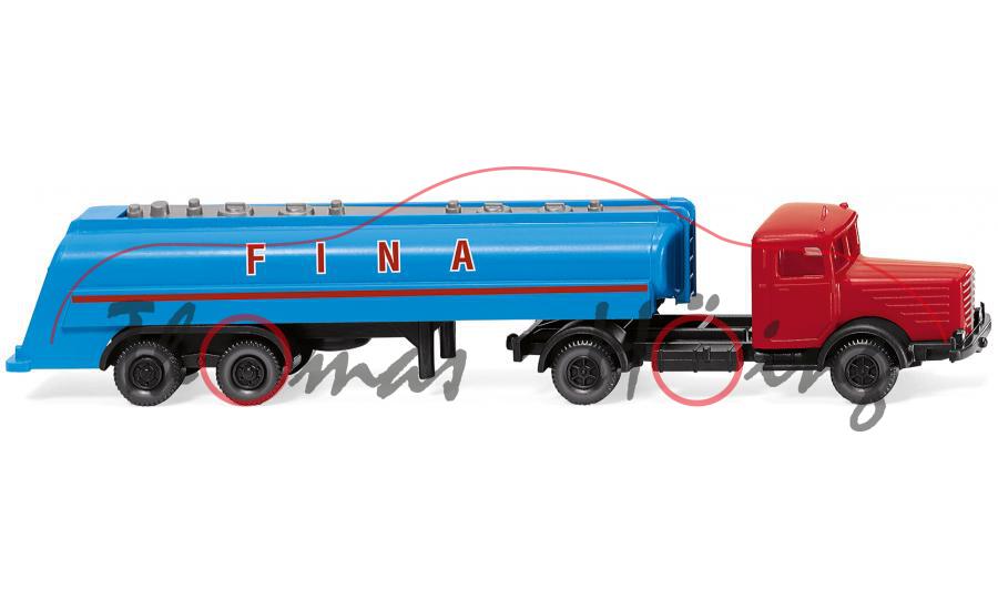 Büssing 8000 (Modell 1950-1956) Tanksattelzug, karminrot/himmelblau, FINA, Wiking Spur N, 1:160, mb