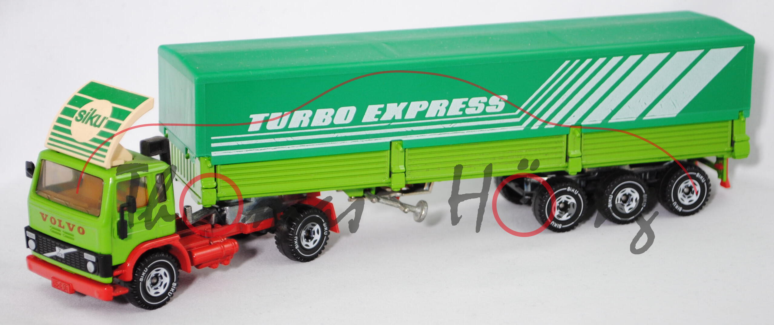 00001 Volvo F7 Turbo 6 (Modell 1978-1984) Sattelzug mit Plane, gelbgrün/verkehrsrot, TURBO EXPRESS