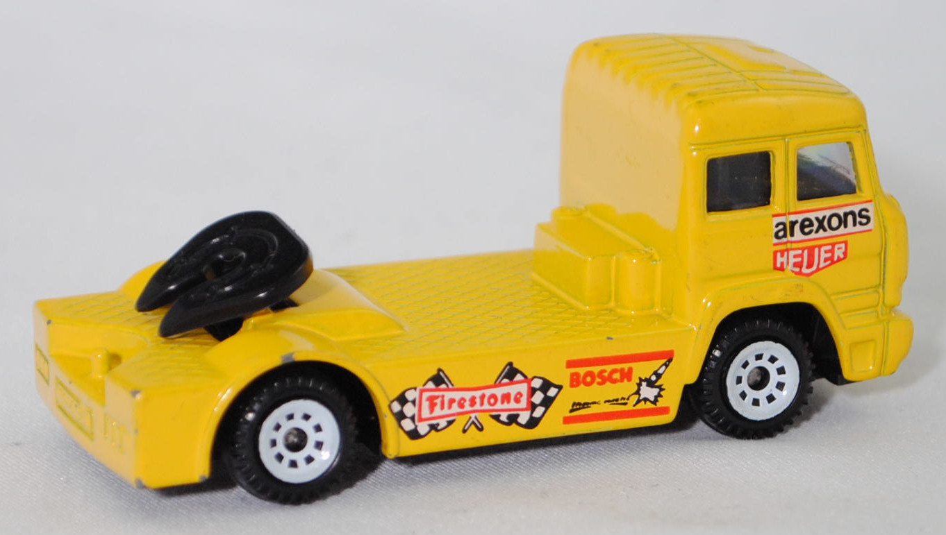 00001 Iveco TurboStar (Modell 1987-1990) Renntruck (Truck-Racing-Europameisterschaft 1989-1993, Klasse B), gelb, arexons / HEUER / Firestone / BOSCH, C1 reinweiß, SIKU, 1:86, m-