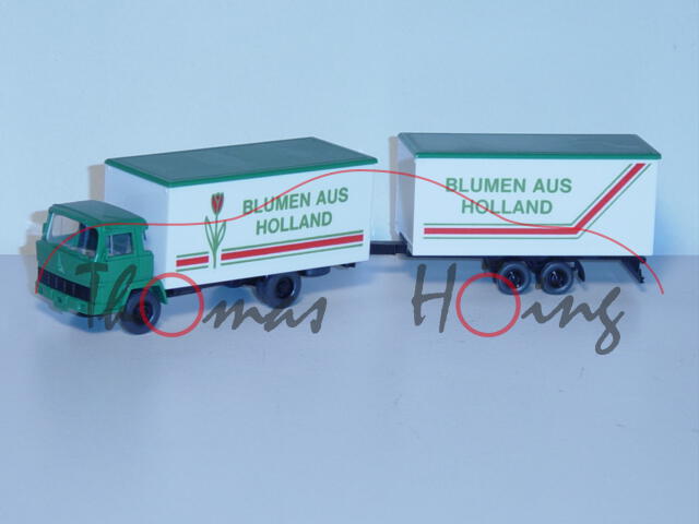 Magirus Lastzug mit Tandemanhänger, minzgrün/reinweiß, BLUMEN AUS / HOLLAND, Aufbau vom Anhänger geb