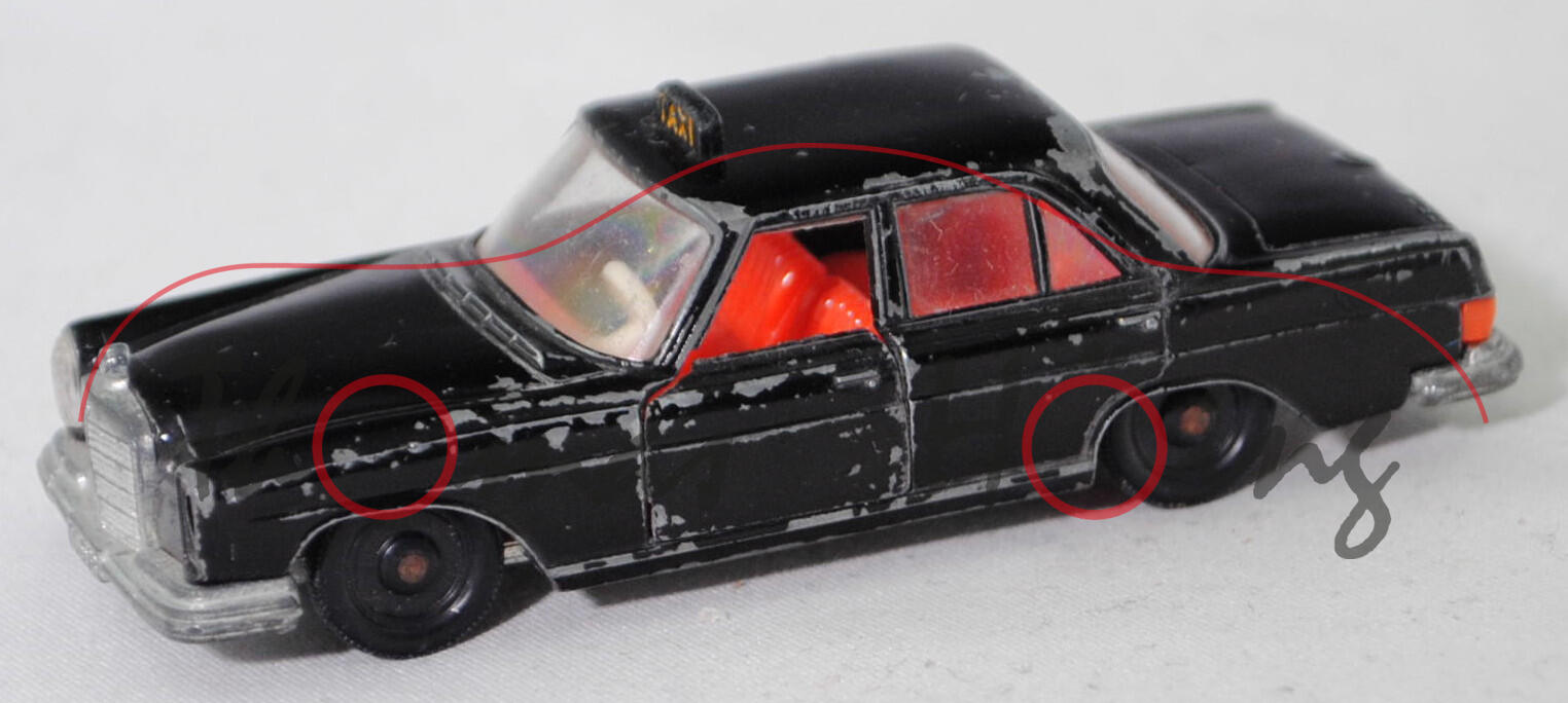 00007 Mercedes-Benz 250 S (Baureihe W 108 II, Vor-Mopf, Mod. 1965-1968) Taxi, schwarz, Rückleuchten rotorange, R2, SIKU, 1:60, sc (1 Frontscheinwerfer weg)