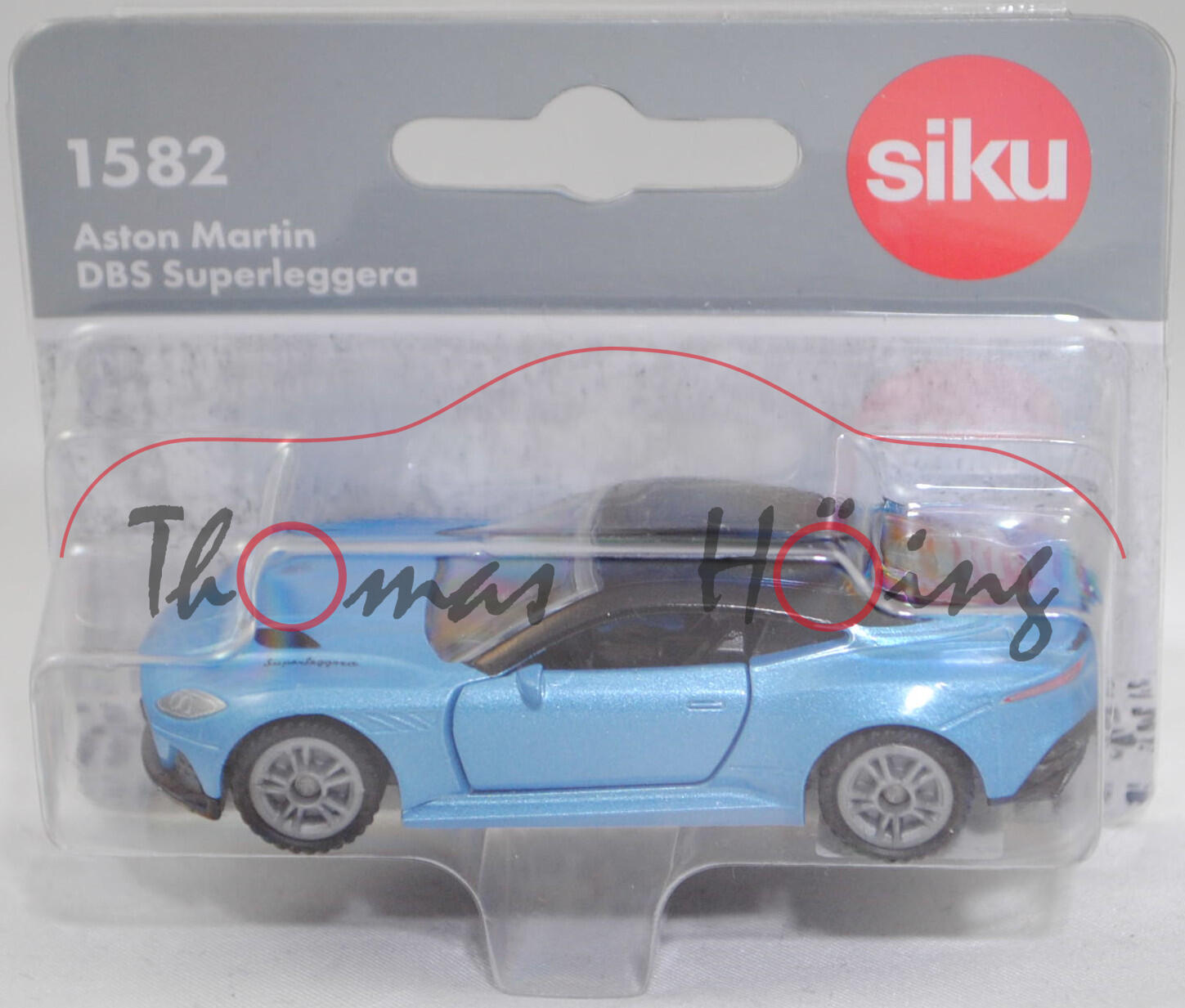 00000 Aston Martin DBS Superleggera Coupé (3. Generation DBS, Modell 2018-2023), hell-brillantblaumetallic, Dach schwarz, B49 silbergrau, SIKU SUPER, 1:59, P29f