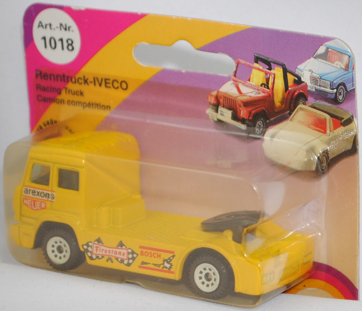 00002 Iveco TurboStar Renntruck (Truck-Racing-Europameisterschaft 1989-1993, Klasse B), gelb, arexons / HEUER / Firestone / BOSCH, Bpr. 1018, C1 weiß, SIKU, 1:86, P23 vergilbt