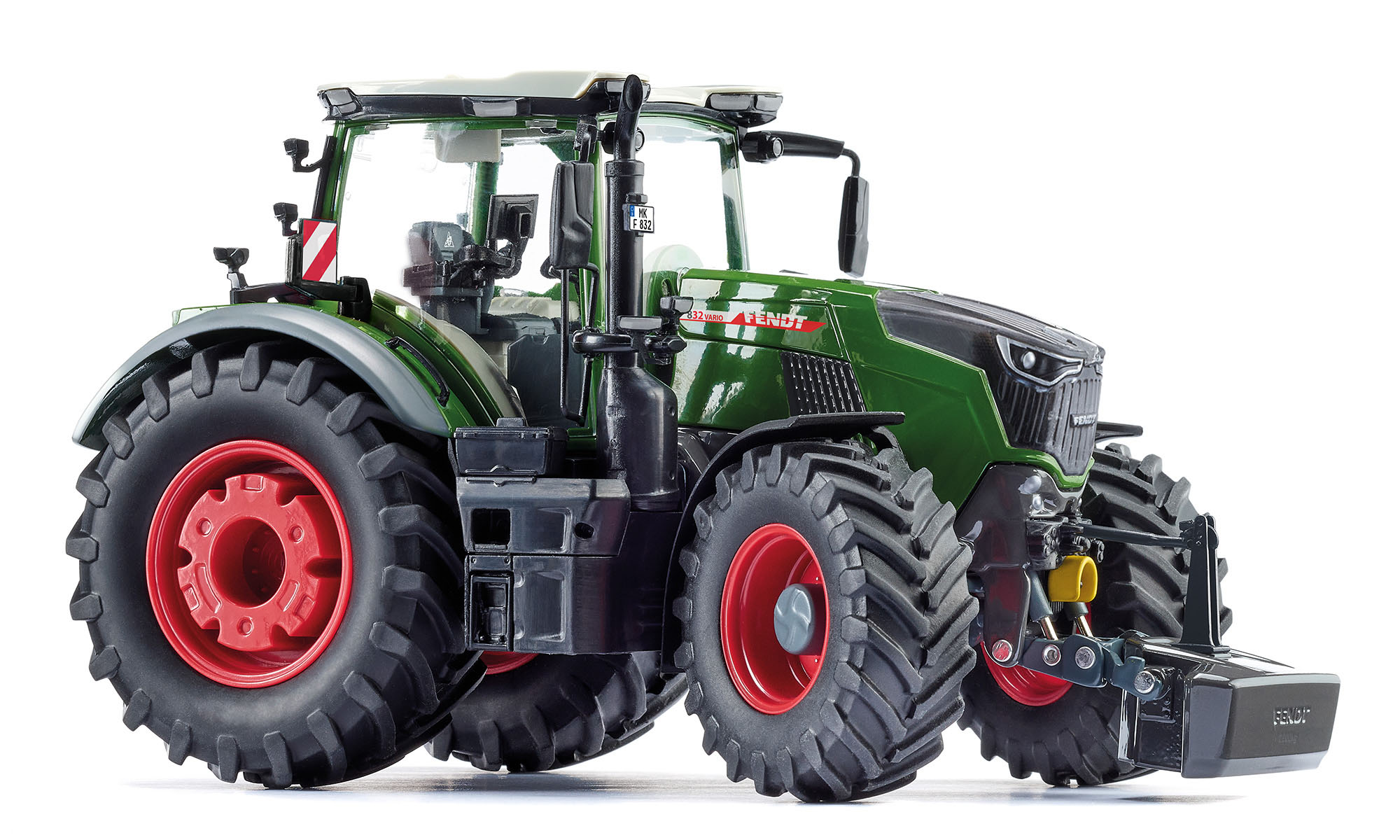 Fendt 832 Vario Gen5 (5. Generation, Baureihe 800 Vario, Modell 2026-), Kabine Fendt-grün mit weißem Dach, Zubehör: Frontgewicht grau, Wiking, 1:32, mb
