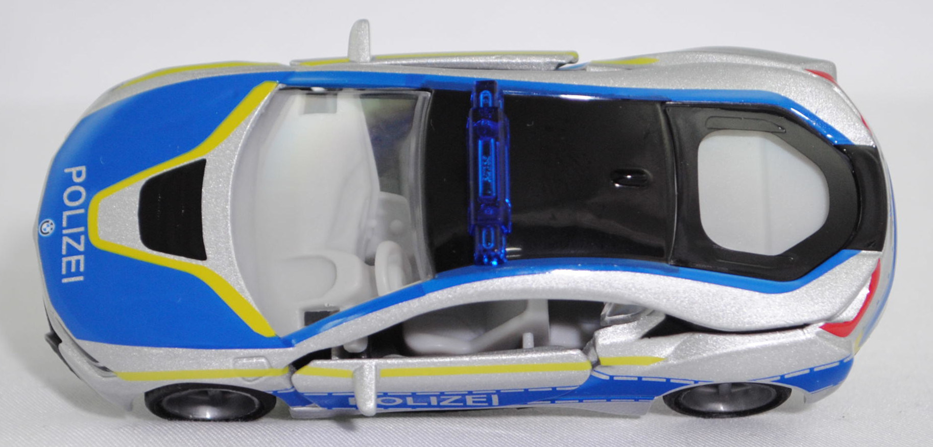 00001 BMW i8 Coupé LCI (1. Generation, I12, Facelift 2018, Modell 2018-2020) Polizei, silber, POLIZEI, Streifen in schwefelgelb/hell-signalblau, SIKU SUPER, 1:50, L17mpK