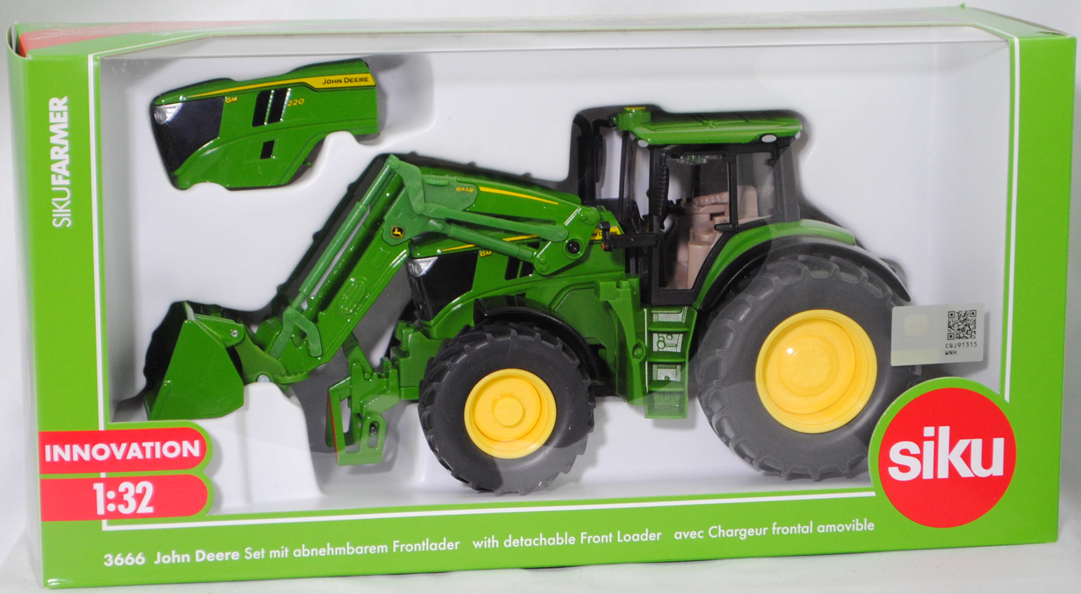 00000 John Deere 6M 220 (4. Generation, Baureihe 6M, Typ 6M, Modell 2024-) mit abnehmbarem Frontlader John Deere 683R, smaragdgrün, SIKU FARMER 1:32, L17mpK