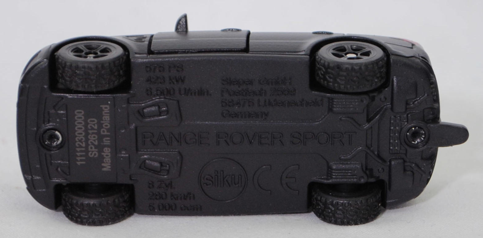 00000 Range Rover Sport SVR (2. Generation Range Rover Sport, interne Baureihenbezeichnung L494, Vorfacelift, Modell 2014-2017), schwarz, SIKU SUPER, 1:63, P29f