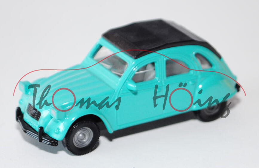 Citroen 2 CV 6, Modell 1975-1990, hell-türkisblau, Dach schwarz, innen hellgrau, Lenkrad schwarz