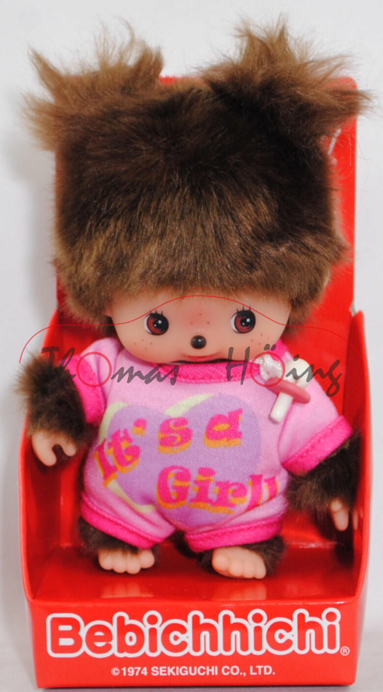 Bebichhichi (Monchhichi) Girl in Romper It's a Girl (Mädchen im Strampler It's a Girl), 15 cm groß, Sekiguchi (EAN 4905610203857)