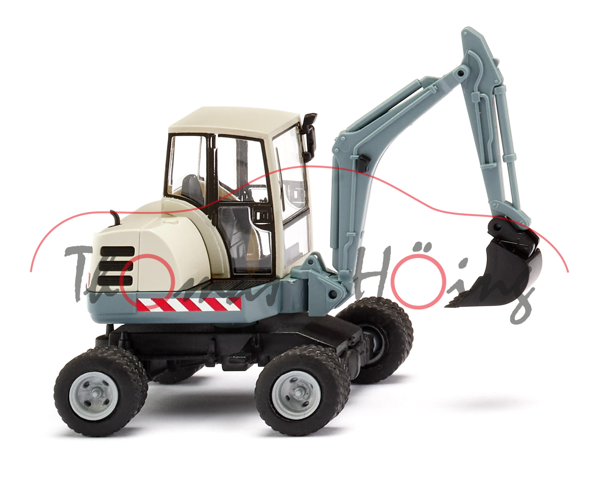 Terex-Schaeff Mini-Mobilbagger HR 18 mit Radfahrwerk und Tieflöffel (Mod. 99-06), perlweiß/alpenblau, Wiking, 1:87, mb