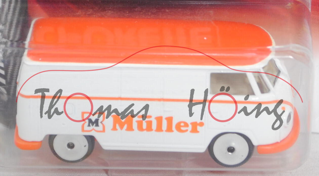 VW Transporter Kastenwagen (Typ 2 T1, Mod. 1960-1963), weiß/orange, Müller, majorette, 1:59, Blister