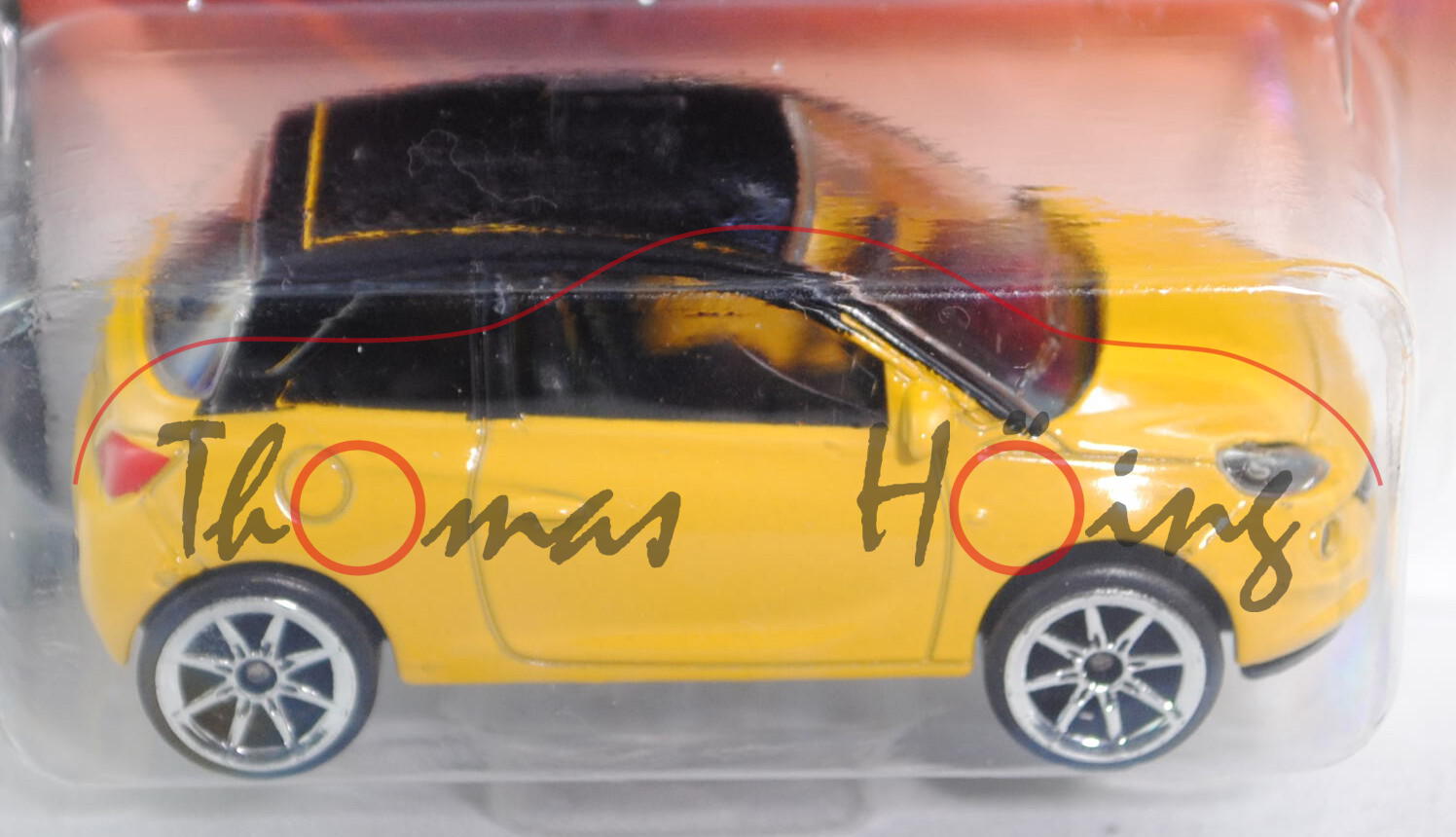 Opel Adam (Modell 2013-), kadmiumgelb, Dach schwarz, 8-Speichen-Felge in chrom, majorette, 1:55, mb