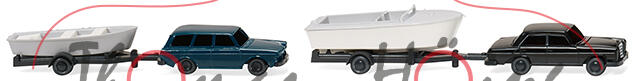 Zwei Bootsgespanne - VW 1600 Variant + Mercedes-Benz 280, schwarz oder ozeanblau, Wiking, 1:160, mb