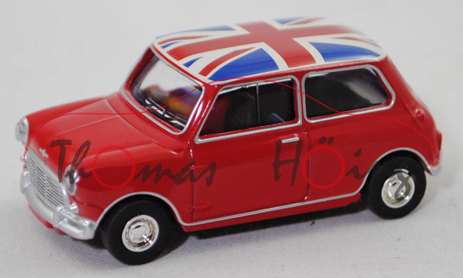 Austin Mini-Cooper 998 (1. Gen., Typ Mk 1, Mod. 64-67), tartan red, Flagge Union Jack, Norev, mb