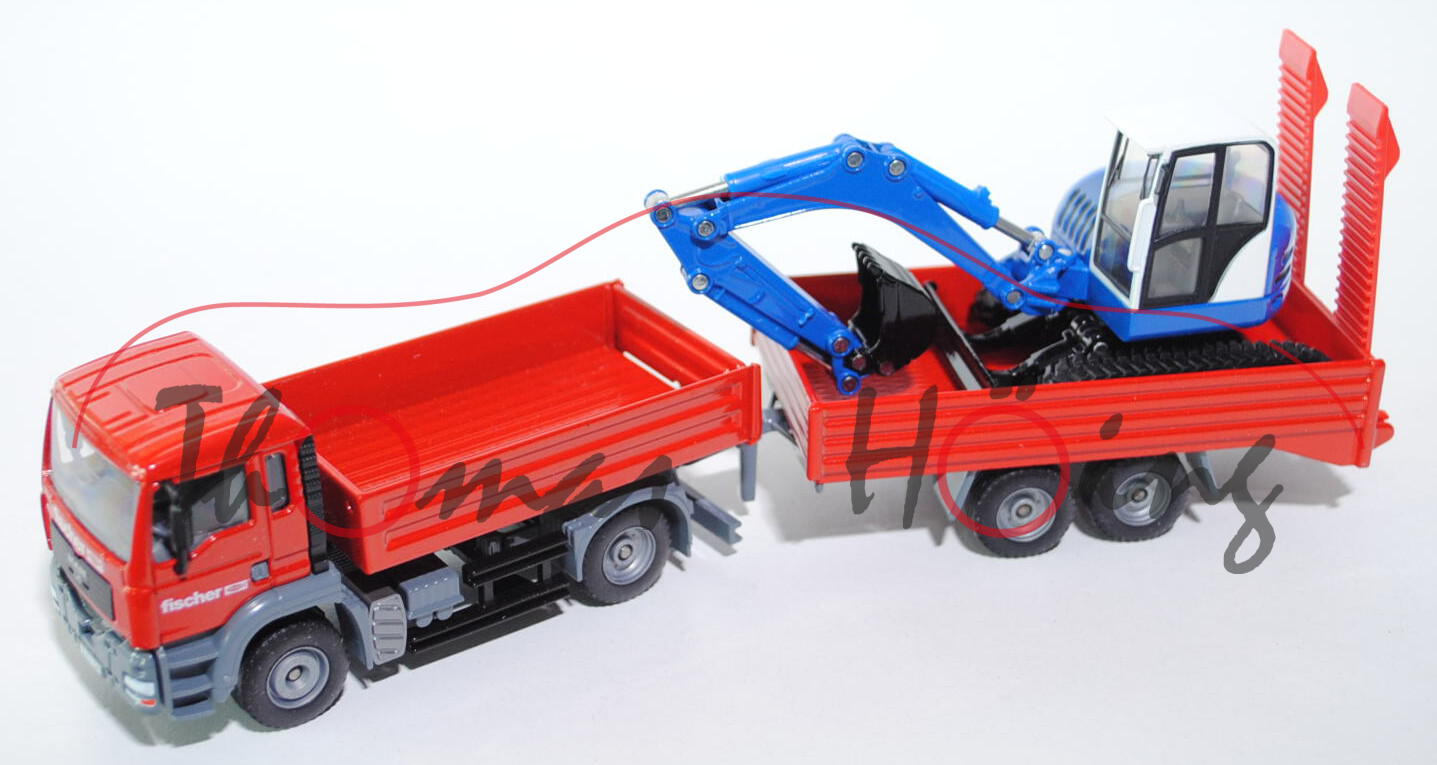 MAN TGA LKW mit Raupenbagger, verkehrsrot/fehgrau/schwarz und reinweiß/signalblau/schwarz, LKW-Radka