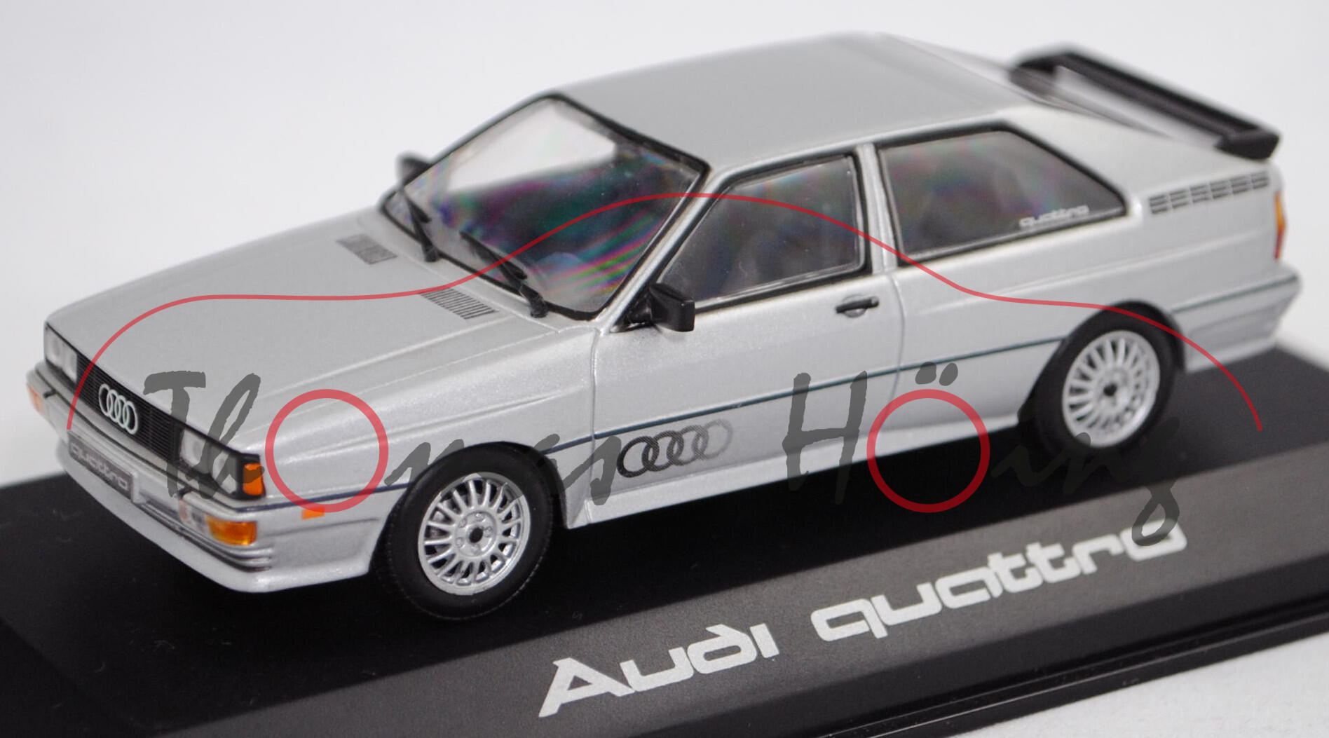 Audi quattro (B2, Typ 85Q, VFL, Mod. 80-82), diamantsilber metallic, Minichamps, 1:43, Werbebox (m-)