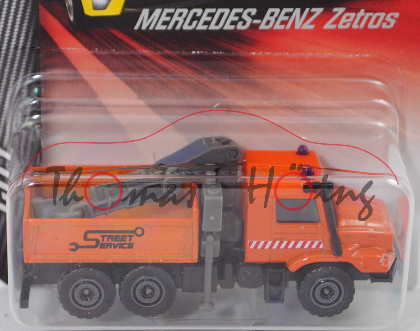 Mercedes-Benz Zetros 2733 A (Mod. 2008-) mit Pritsche, orangemet., majorette, Blister (Müllwagen)