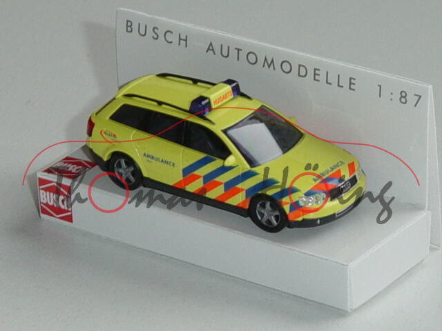 Audi A4 Avant, Mj. 02, leuchtgelb, AMBULANCE, holländische Ambulance, Busch, 1:87, mb