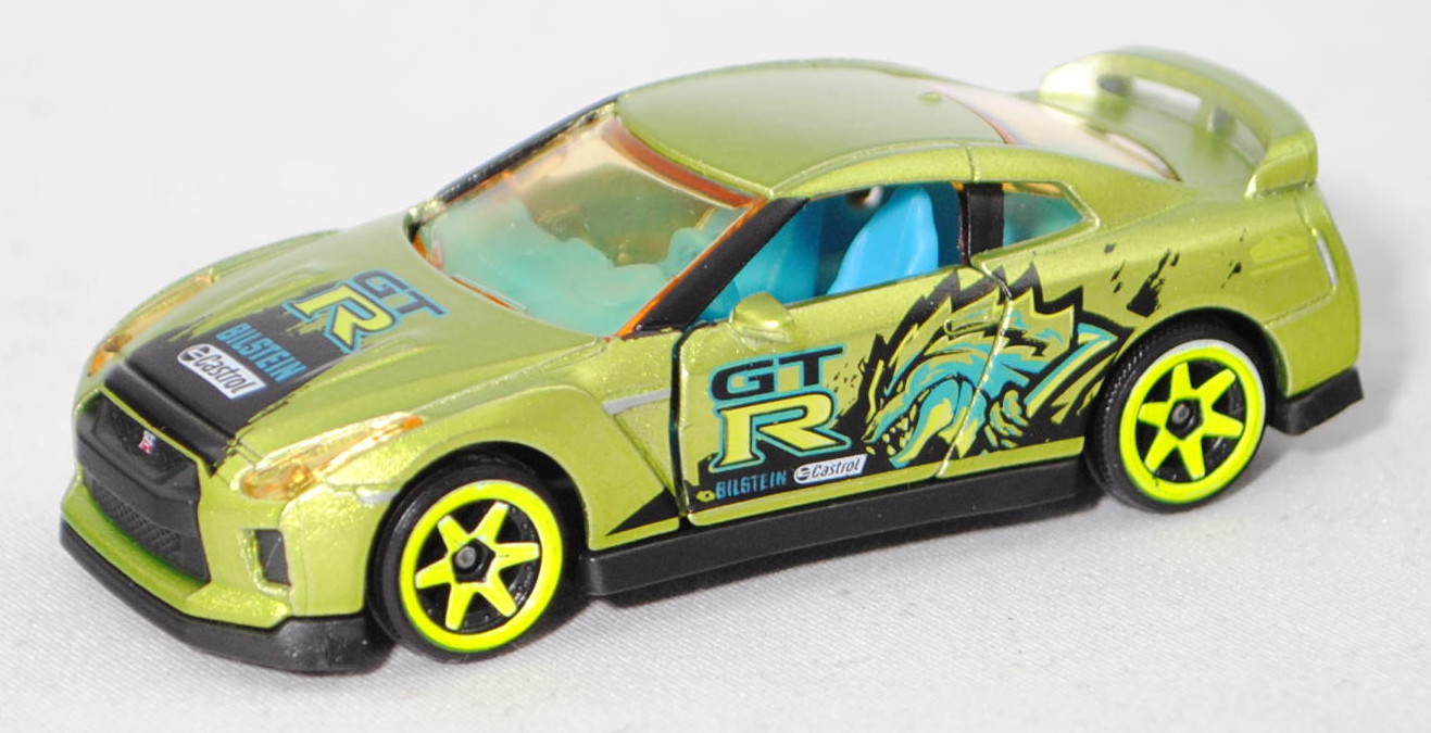 Nissan GT-R (Mod. 16-19) GREEN BEAST / URBAN, h.-gelbgrünmet., majorette, 1:62, SUPER RARE, mb