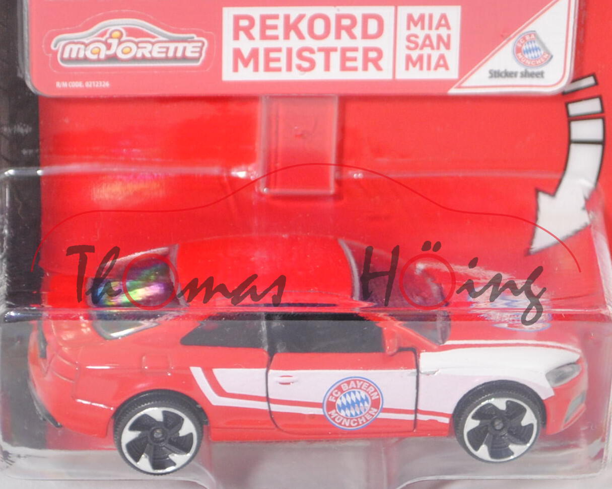 Audi S5 Coupé (Typ 9T / F5, Mod. 2016-2019), rot, Sticker 1 REKORD MEISTER, majorette, 1:64, Blister