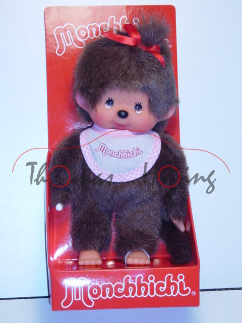 Monchhichi Classic Girl Pink Bib (Mädchen mit pinkem Latz), 20 cm groß