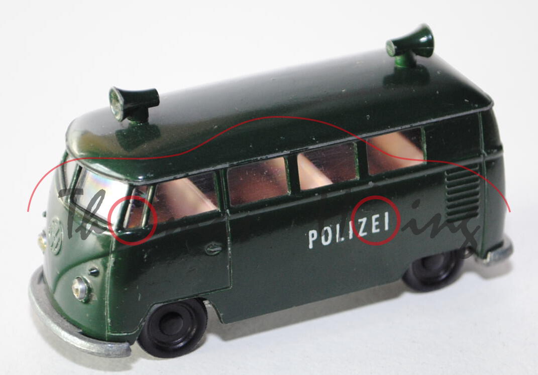 VW Bus (Typ T1) Polizei-Lautsprecherwagen, tannengrün, innen altrosa, Lenkrad schwarz, POLIZEI, HL G