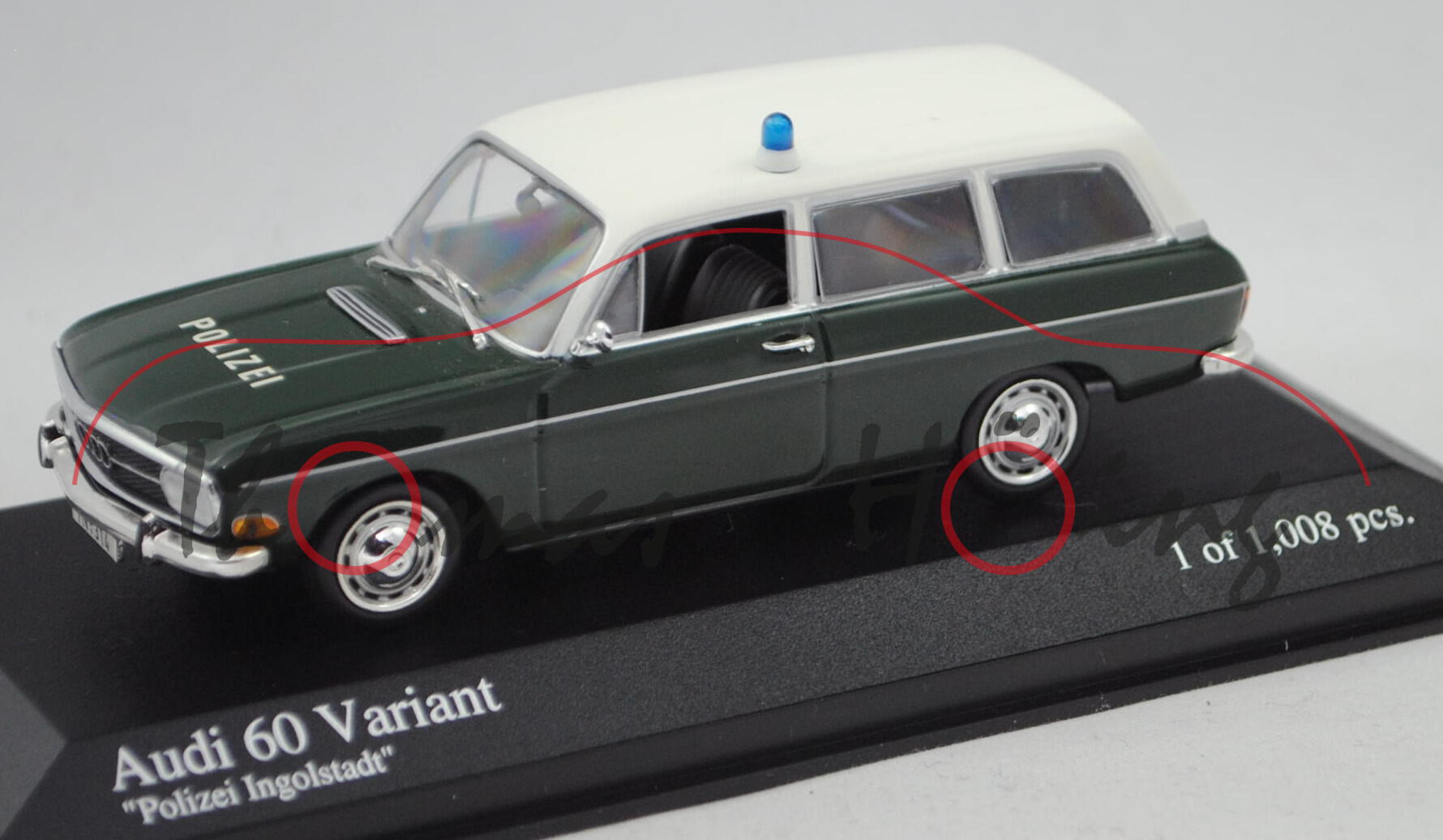 Audi 60 Variant (Typ F103, Modell 1968-1972) Polizei Ingolstadt, weiß/grün, Minichamps, 1:43, PC-Box