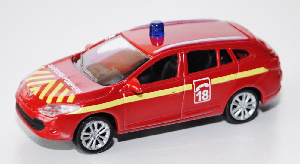 Renault Megane 2009, signalrot, SAPEURS POMPIERS / C 18, mit gelben Streifen, Heckklappe zu öffnen,