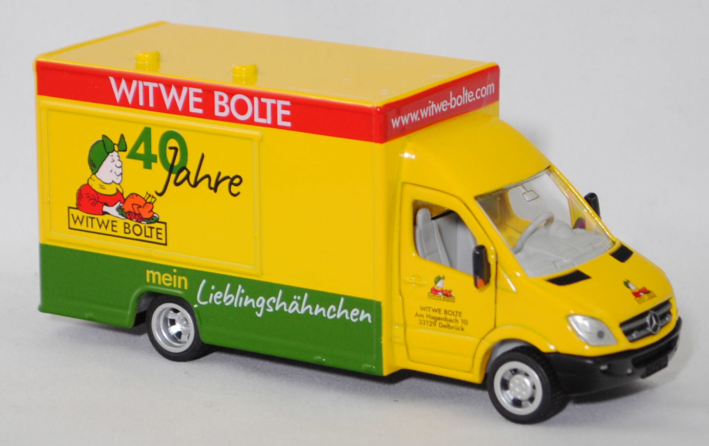 00403 Mercedes-Benz Sprinter II (2. Generation, W 906, Vor-MoPf, Modell 2006-2009) 515 CDI Verkaufswagen, verkehrsgelb, WITWE BOLTE / 40 Jahre, SIKU SUPER 1:50, Werbebox