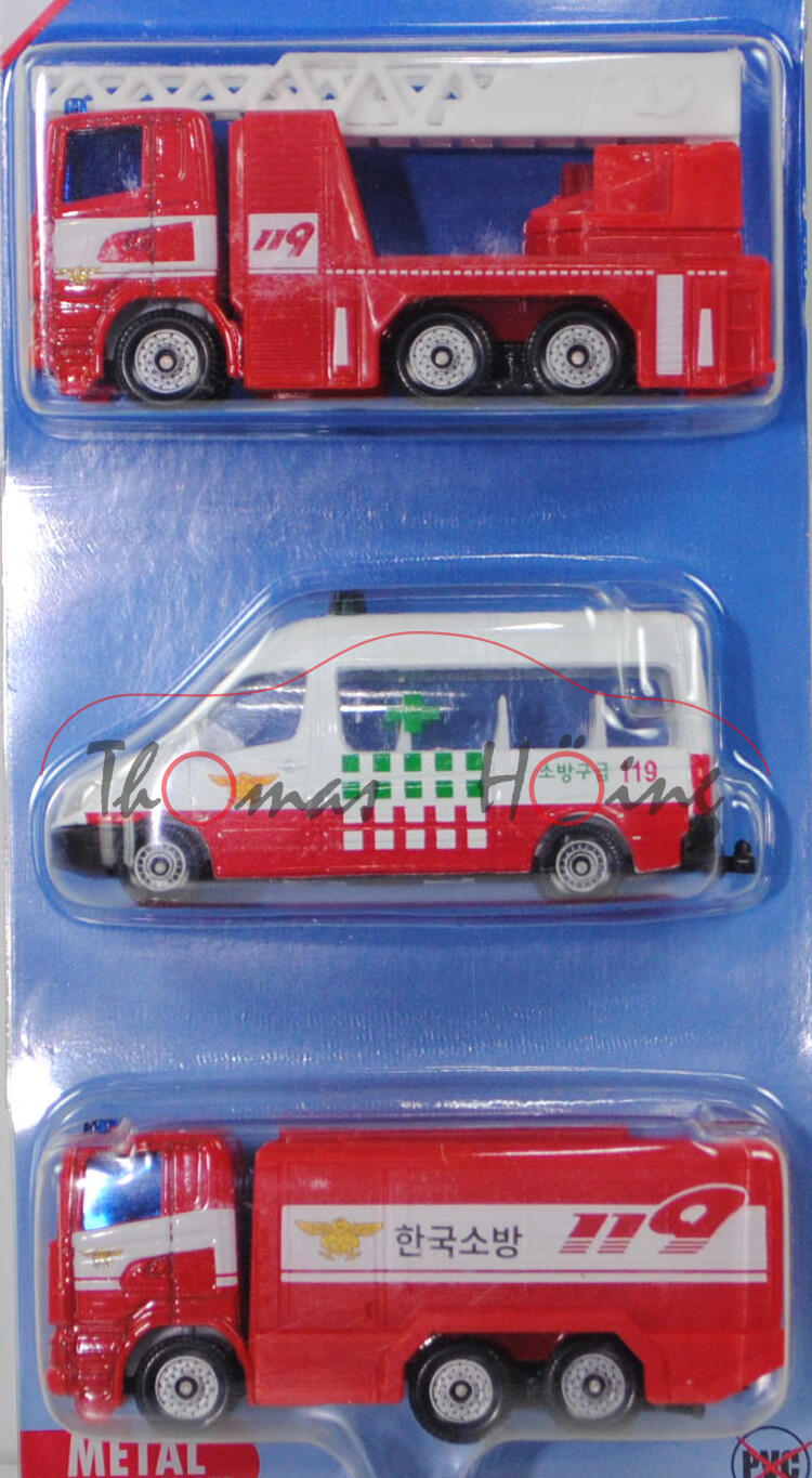 72801 KR Fire Brigade Set mit: 2x Scania R380+Mercedes-Benz Sprinter II, 119, P29e Werbeblister