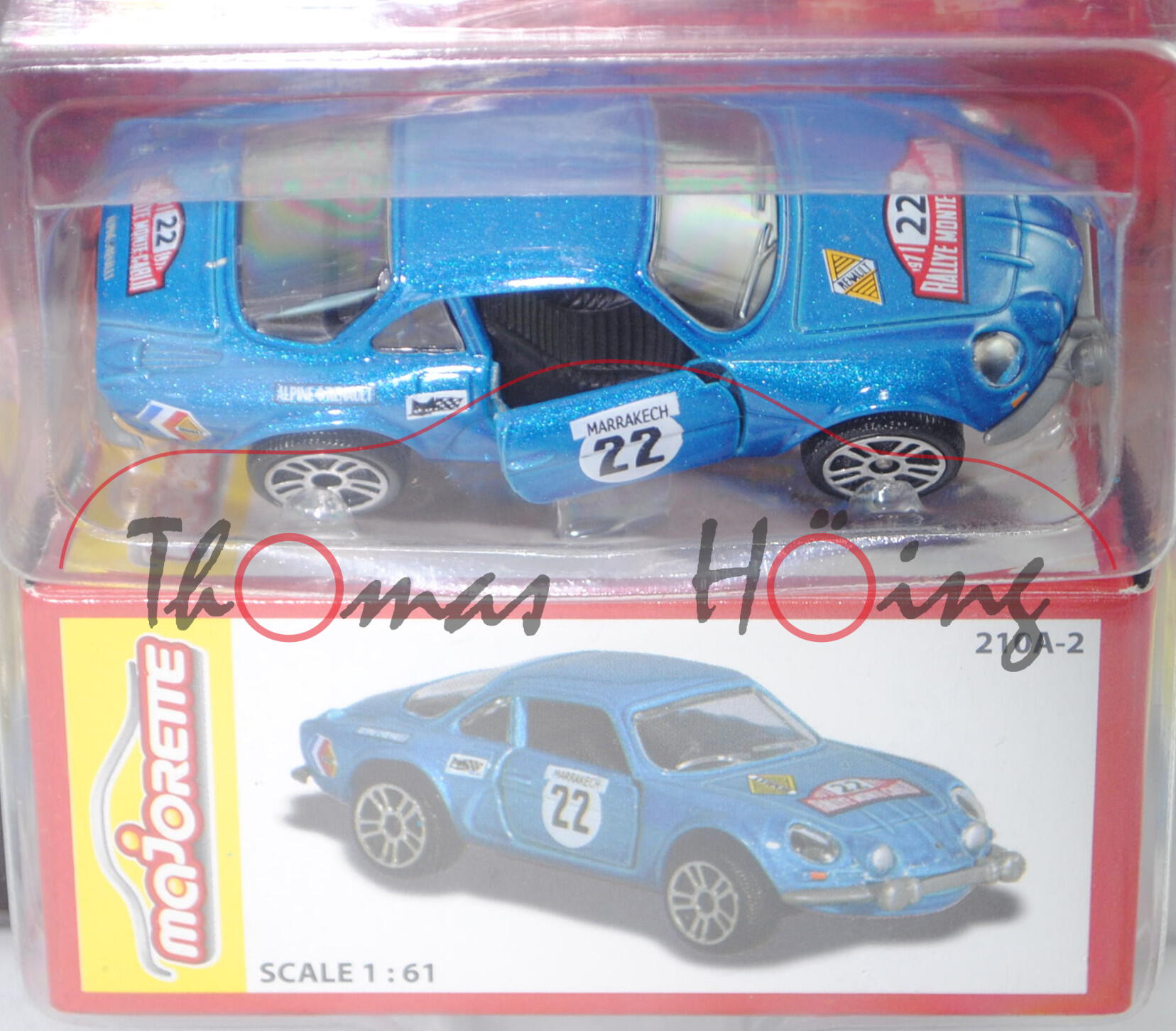 Renault Alpine A110 1600, blau, Rallye Monte Carlo 1971, Fahrer: Andruet / Vial, Nr. 22, majorette