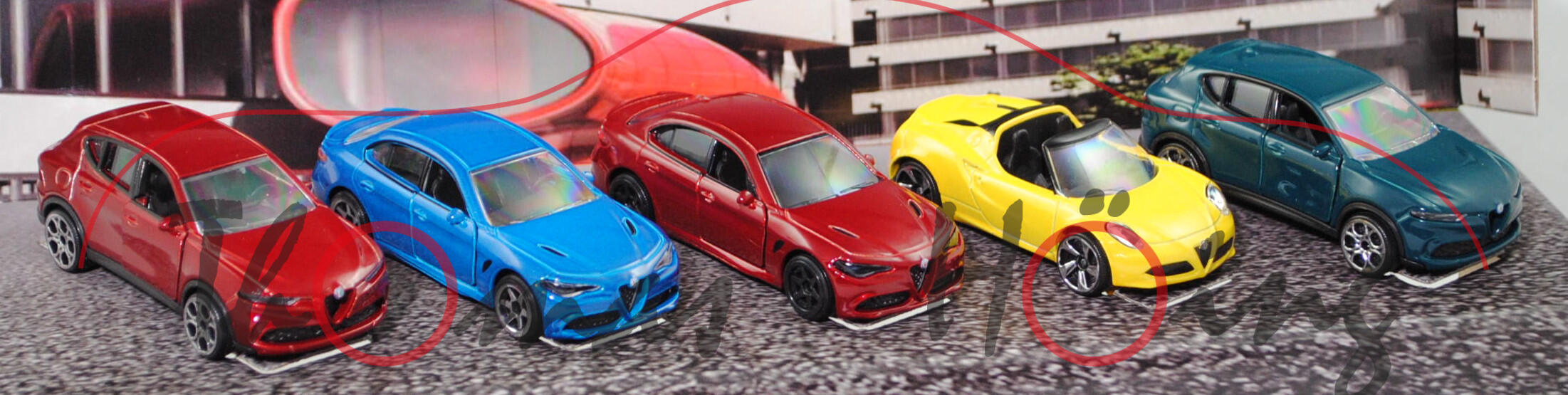 Alfa Romeo Set (5 Modelle): Tonale rot + blau, Giulia blau + rot,  4C Spider gelb, majorette, mb