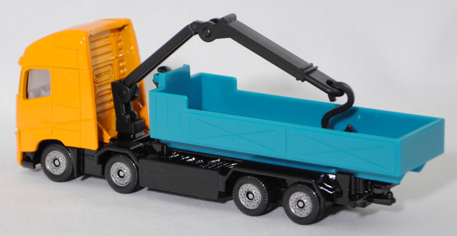 00000 Volvo FH16 750 Globetrotter-XL 8x4 (Modell 2013-2020) Abrollkipper mit Ladekran und Abrollcontainer, melonengelb/schwarz/wasserblau, C36, SIKU SUPER, 1:87, P29f