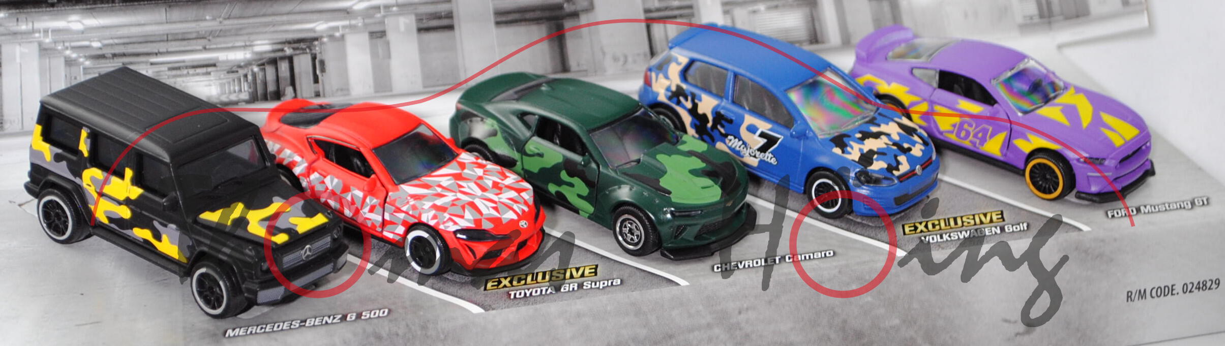 LIMITED EDITION Giftpack: MB G 500+Toyota GR+Chevrolet Camaro+VW Golf+Ford Mustang, majorette