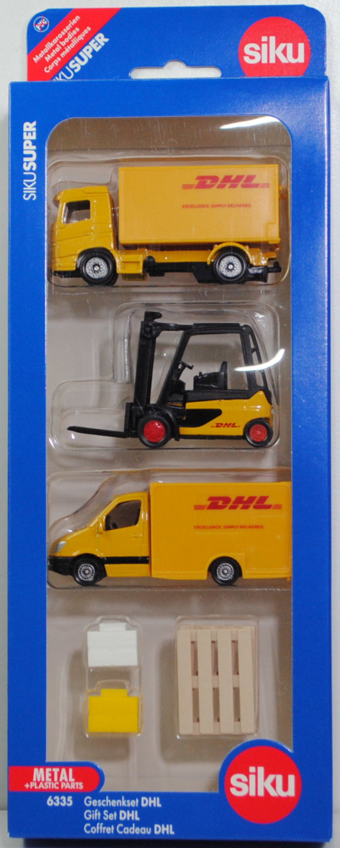 00001 DHL Logistik Set: Volvo FM + Linde Elektro-Gegengewichtsstapler E35/600H + Mercedes-Benz Sprinter II, gelb, DHL, Kühlergrill geprägt ohne Lüftungsgitter, SIKU SUPER, P32mpR