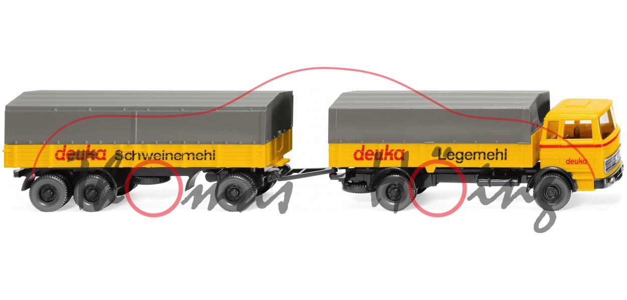 MB LP 1620 (Mod. 1963-1974) Pritschenhängerzug, gelb, deuka Legemehl / Schweinemehl, Wiking, mb