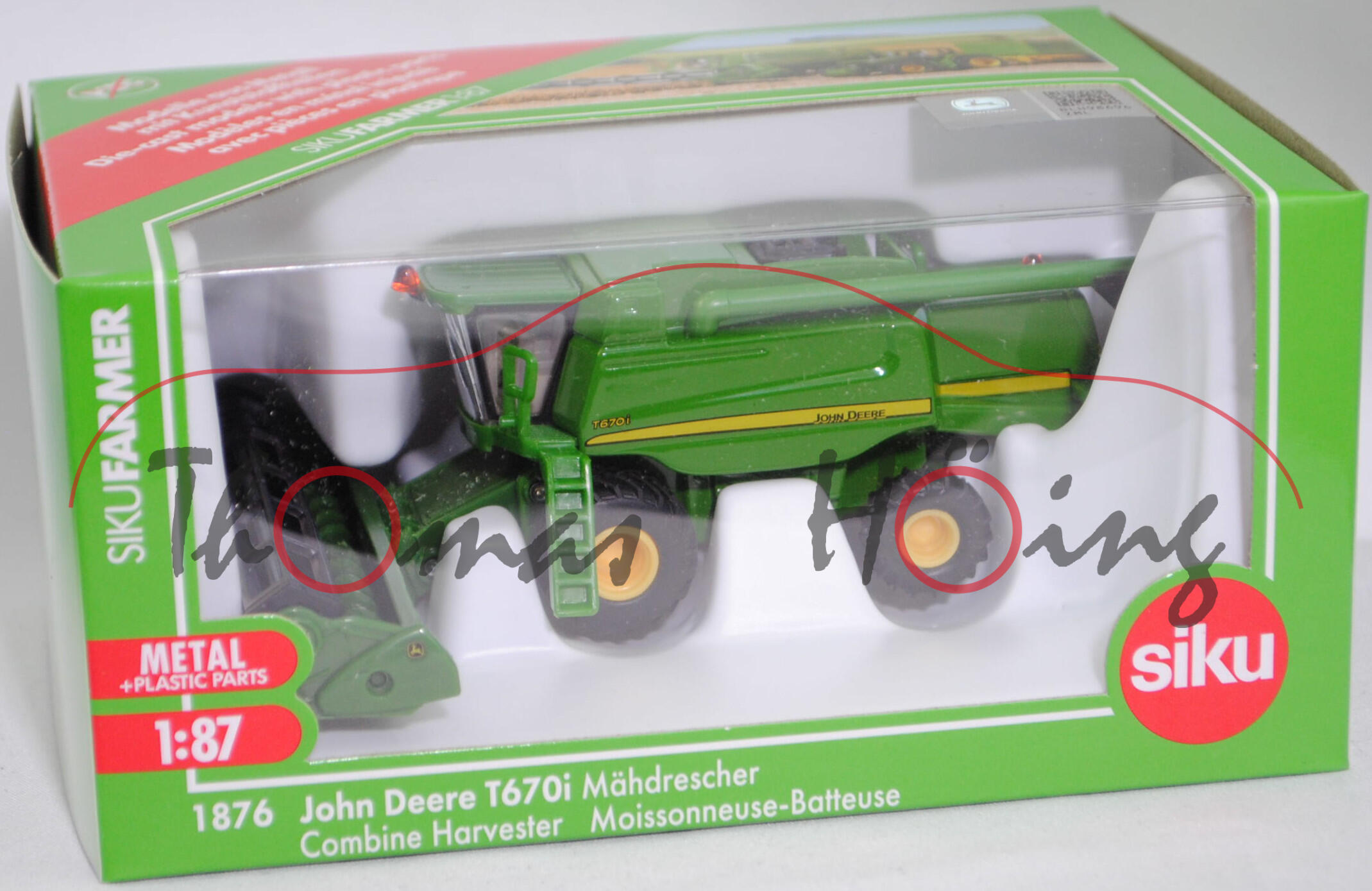 00005 John Deere T 670i (i = Ausstattungspakt, Modell 2008-2015) Mähdrescher mit John Deere 630R Erntevorsatz, smaragdgrün, Bpr. mit Adresse, SIKU FARMER 1:87, L17mpK